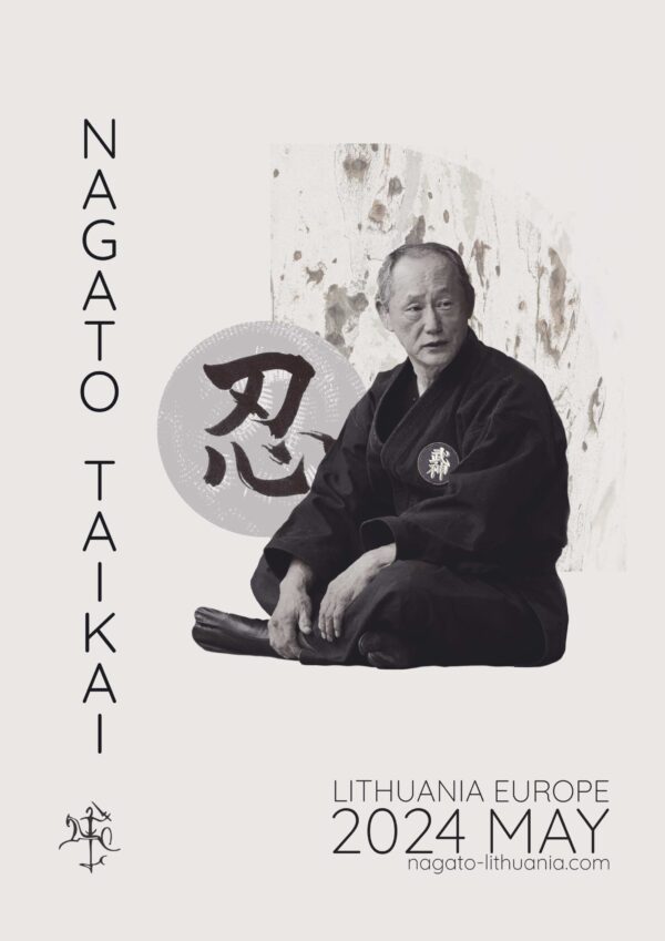 Nagato sensei sitting in fudoza no kamae, behind him a calligraphy of Japanese symbol for ninja. Around the picture text written which informs about upcoming Nagato Taikai in Lithuania, May 17-19